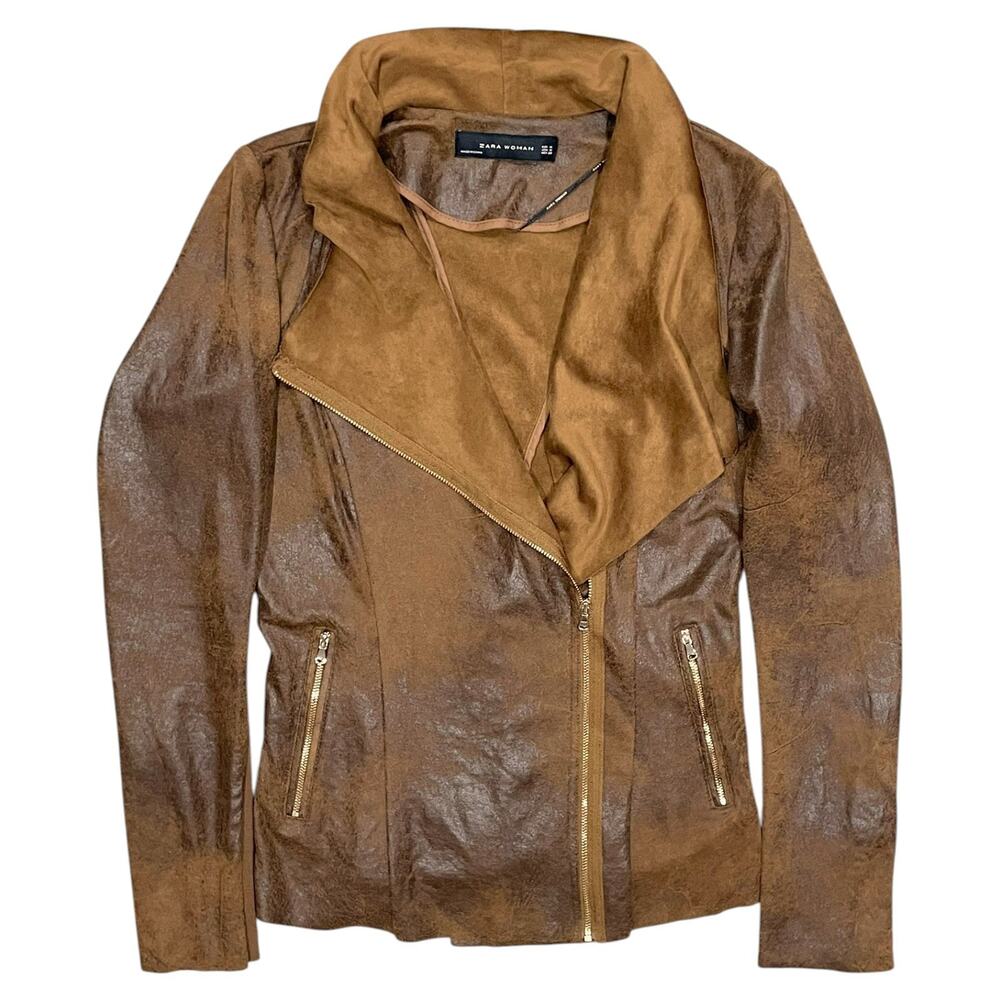 Zara Woman Size M Vegan Suede Moto Full Side Zip Jacket Leather Look Brown Biker
